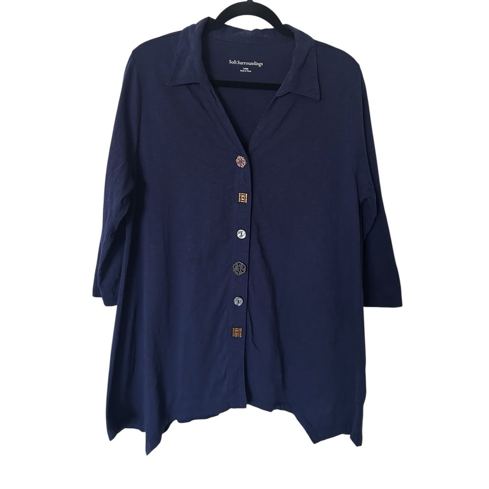 Soft Surroundings Danielle Tunic Top Large Blue Button Front Lagenlook Shark Hem